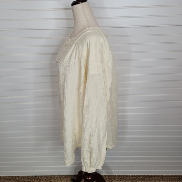 Free People Ivory Cotton Button Down Boho Frayed Long Sleeve Top Large - Picture 4 of 9